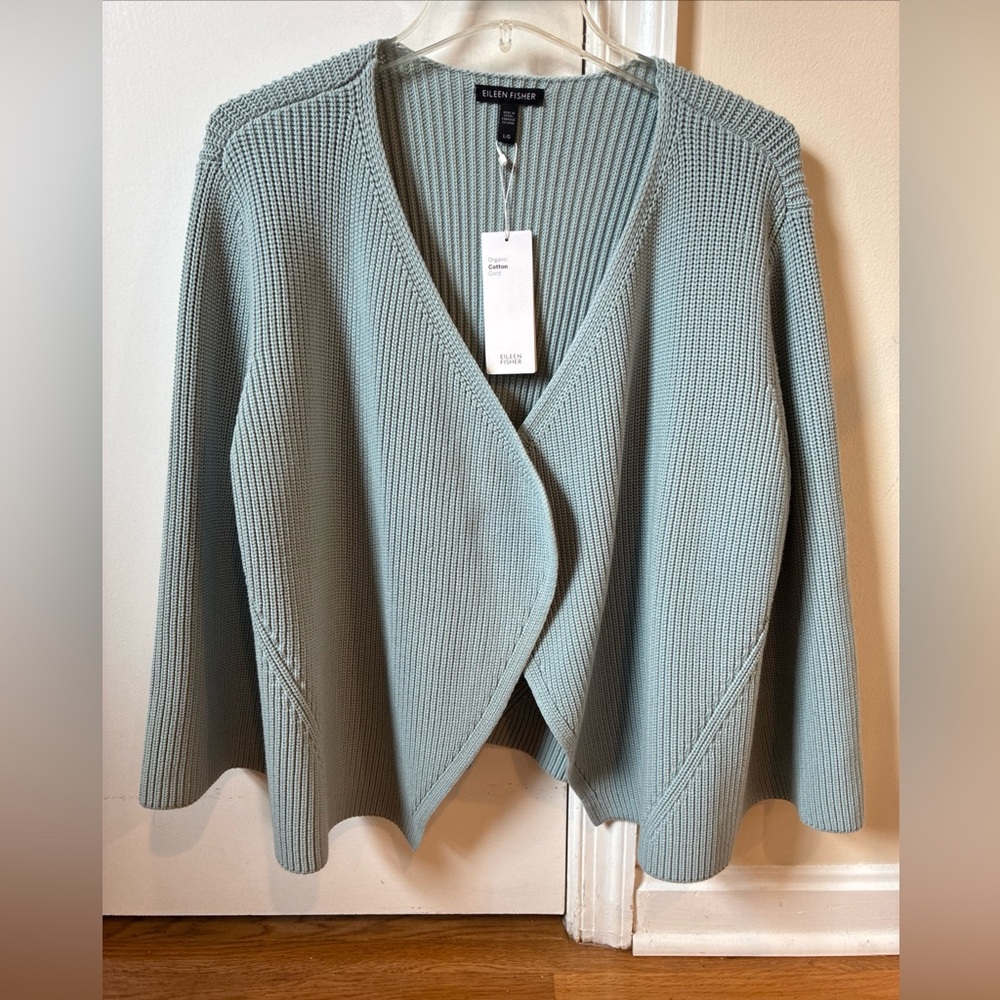 Eileen Fisher light blue ribbed cotton open front cardigan size L NWT
